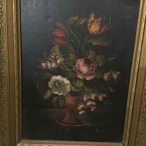 Floral Still Life Painting in Ornate Gold Frame